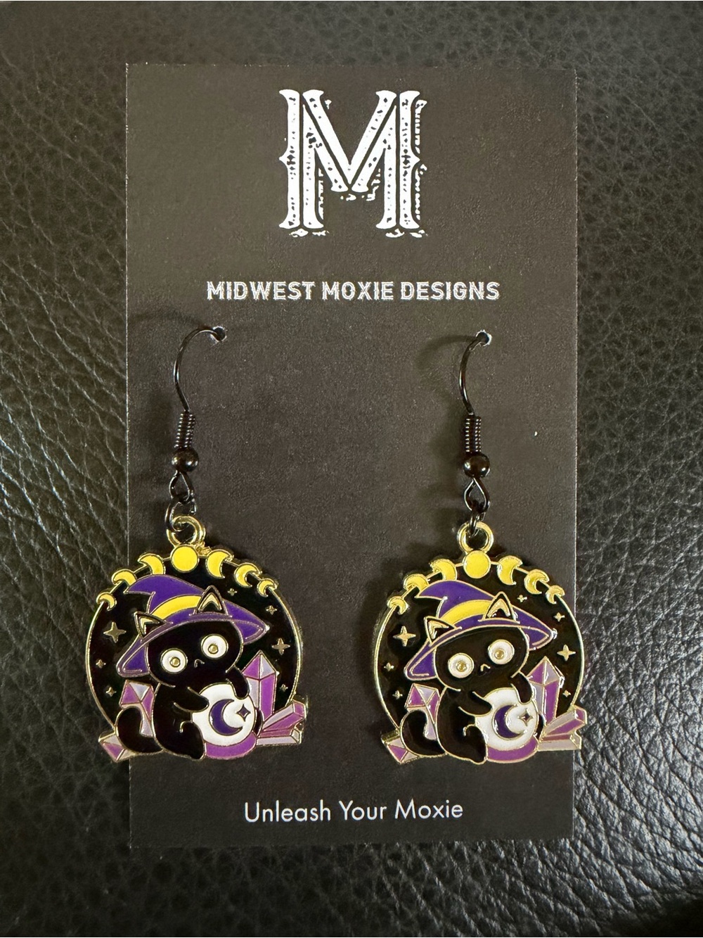 Witch Cat Enamel Drop Earrings - Black & Purple